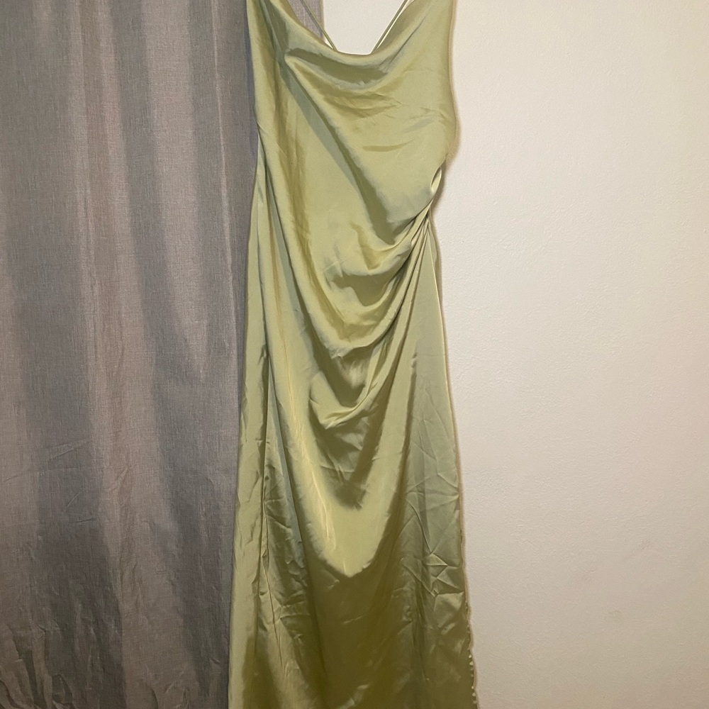 Satin Cowl Neck Slip Dress in Light Olive from Shein